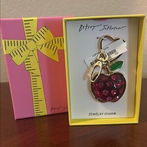 Betsey Johnson Fuchsia Apple Keychain with Green Leaf